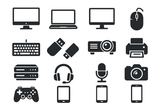 Silhouette icons of electronic devices including computer, laptop, camera, and smartphone