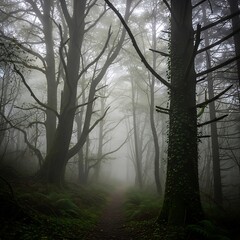 Eerie Forest Path - A Misty Journey Through the Woods.