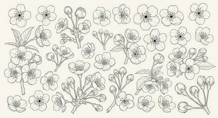 Elegant Cherry Blossom Line Art Collection for Creative Projects.