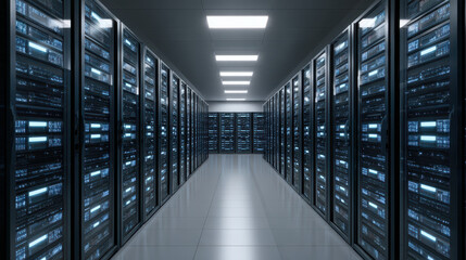Fototapeta premium High tech data center server rack aisle with blue LED panels and reflective floor conveying secure digital infrastructure and calm professional atmosphere