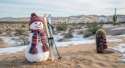 Funny scene of a snowy desert with snowman dressed in Christmas colorful scarf and hat