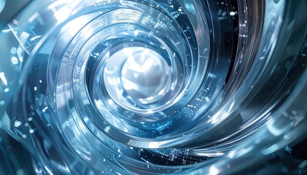 Through a tunnel of swirling, transparent, light blue structures, a glowing sphere emanates brightness, creating a sense of movement and depth.