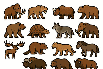 Fototapeta premium Colorful illustrations of prehistoric and modern animals in cartoon style