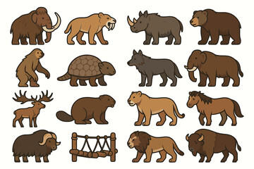 Obraz premium Cartoon illustrations of prehistoric and modern animals in various poses