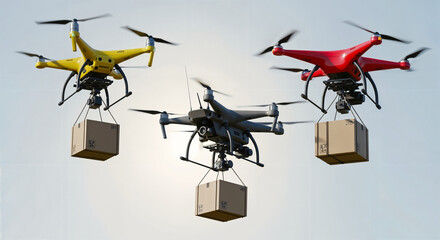 Cargo drone fleet in flight. Three colored drones transport packages, symbolizing futuristic logistics, fast delivery, and technological innovation