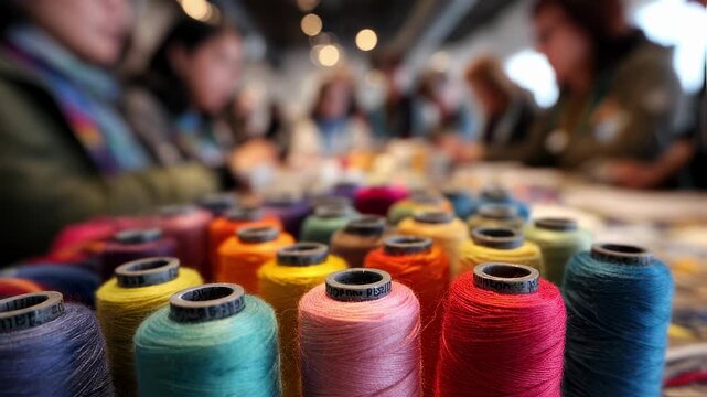 Closeup on a person exchanging thread spools at a community swap event vibrant threads in foreground with outoffocus participants behind.