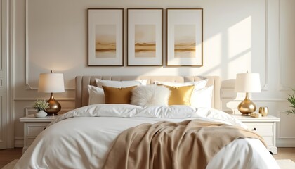 Cozy bedroom interior with neutral palette. Features large bed, gold lamps, artwork, and soft lighting. Elegant decor promotes calm restful atmosphere for stylish home.
