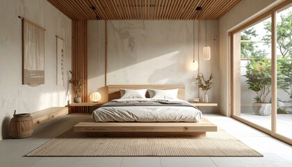 Contemporary bedroom interior showcasing a minimalist design with light wood elements, a low platform bed, neutral tones, natural light streaming in, and a serene atmosphere, suggesting tranquility...