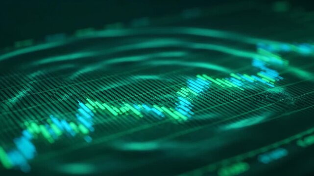 Abstract green digital stock market financial chart displaying trading graph and data analytics on a modern futuristic display screen background