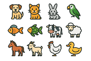Colorful cartoon farm and pet animals collection