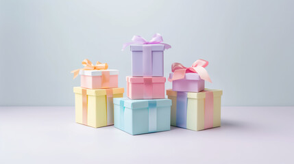 Obraz premium Pastel-colored wrapped gift boxes with ribbons and bows stacked together on a white background, ideal for ecommerce promotions, festive advertisements, and greeting visuals.