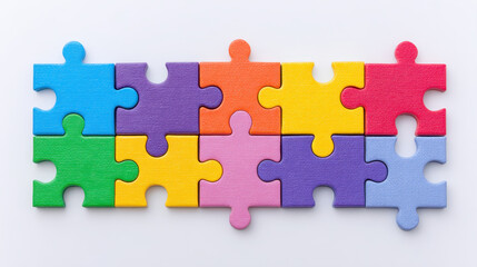 Colorful children puzzle toy pieces arranged in connected row on white background, bright foam interlocking shapes creating playful educational composition with cheerful mood
