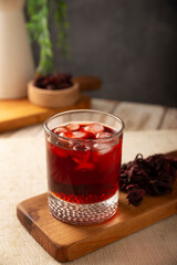 Hibiscus cooler. In Mexico, known as Agua de Jamaica, an infusion made from the hibiscus flower (Hibiscus sabdariffa), which is said to have multiple health benefits. It can be enjoyed hot or cold.