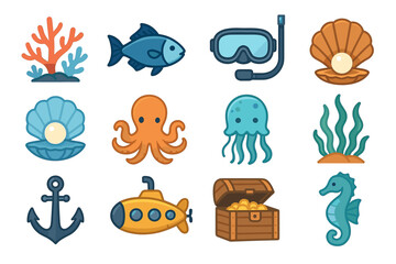 Fototapeta premium Colorful marine life icons: fish, coral, shells, octopus, submarine, seahorse, anchor, seaweed