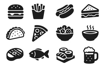 Assorted food icons: burger, fries, hot dog, sandwich, taco, pizza, salad bowl, soup, steak, fish, sushi, beer mug