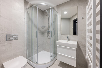Modern Home Bathroom Interior With Glass Shower and White Sink Furniture, White Sink Cabinet