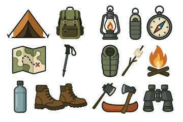 Camping gear icons: tent, backpack, lantern, compass, boots, fire, map, axes, binoculars