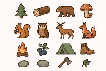 Fototapeta premium Forest animals and camping icons: bear, squirrel, deer, owl, fox, tent, fire