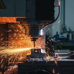 Metalworking Precision - CNC Milling Machine in Action with Sparks.