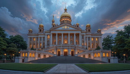 The grand structure features gold domes and detailed architecture, bathed in warm light as dusk settles. Surrounding trees and gardens enhance the peaceful atmosphere