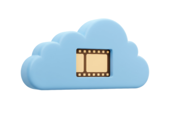 Light blue cloud with film strip isolated PNG, cloud storage for video and movie files on transparent background
