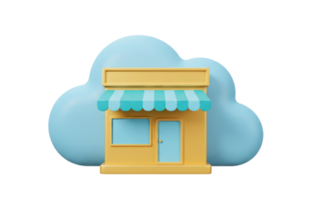 Cute yellow store isolated on transparent background PNG, 3D shop with blue awning and cloud for online business and e-commerce