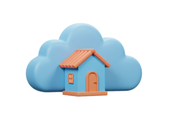 Cute blue house with orange roof isolated on transparent PNG, cloud storage concept for real estate and smart home