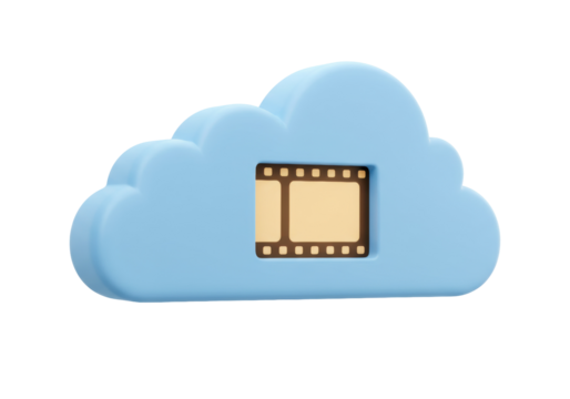 Light blue cloud with film strip isolated PNG, cloud storage for video and movie files on transparent background - Powered by Adobe