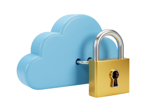 Blue cloud and golden padlock isolated on white, cloud security concept in 3D rendering PNG - Powered by Adobe