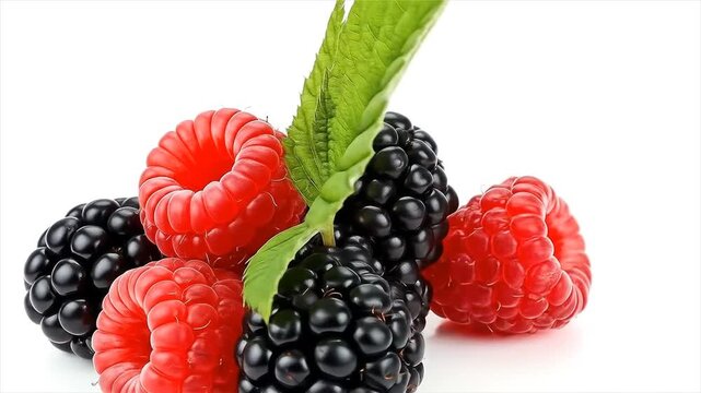 Fresh raspberries and blackberries arranged naturally on a white background showcasing vibrant colors and textures
