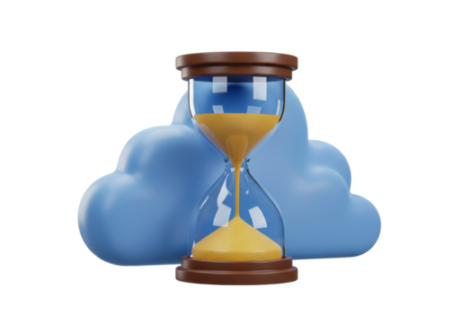 3D hourglass with sand flowing in front of a blue cloud isolated on transparent background, time management concept PNG