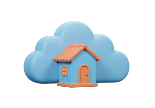 Cute blue house with orange roof isolated on transparent PNG, cloud storage concept for real estate and smart home - Powered by Adobe