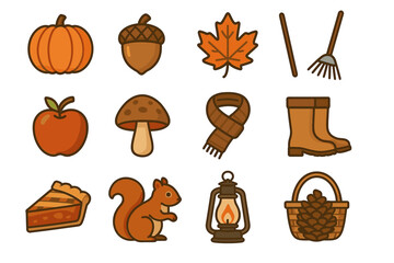 Autumn icon set: pumpkin, acorn, leaf, rake, and more seasonal symbols