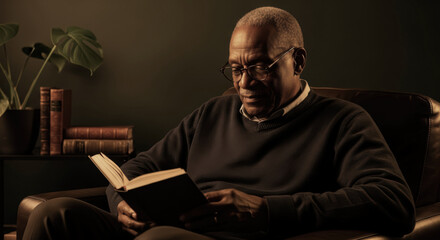 Elderly African American man reading in an armchair with glasses and warm light creating an atmosphere of intellectual peace and home comfort