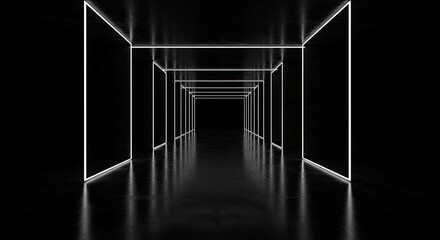 Abstract futuristic neon light tunnel corridor with reflective floor and dark background