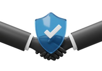 Handshake with blue shield and checkmark isolated PNG, business agreement and partnership concept for security and trust