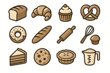Icons of baked goods and baking tools: bread, croissant, cupcake, pretzel, doughnut