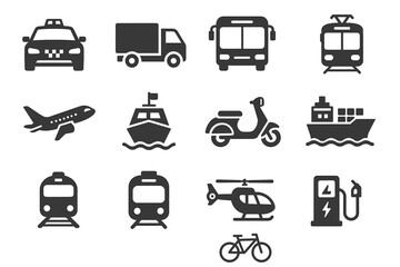 Transportation icons set: airplane, ship, train, car, scooter, bus, helicopter, bicycle