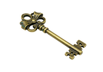 Antique brass key isolated on transparent background, vintage ornate skeleton key for decoration and design element PNG