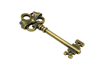 Antique brass key isolated on transparent background, vintage ornate skeleton key for decoration and design element PNG