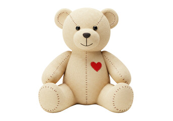 Cute beige teddy bear with red heart isolated on transparent background, soft toy for kids and love concept PNG