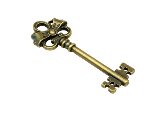 Antique brass key isolated on transparent background, vintage ornate skeleton key for decoration and design element PNG