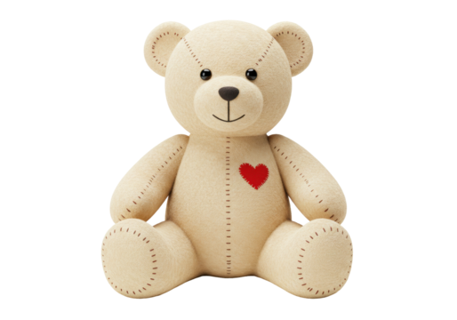 Cute beige teddy bear with red heart isolated on transparent background, soft toy for kids and love concept PNG