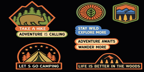 Obraz premium Collection of vintage style outdoor adventure patches and stickers with inspiring nature quotes