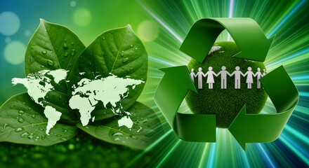 Green Earth and Global Recycling, World map on leaves and recycle symbol embracing a grassy globe with people, united for sustainability