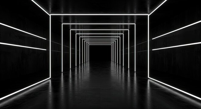 Symmetrical futuristic black corridor with bright white neon light lines