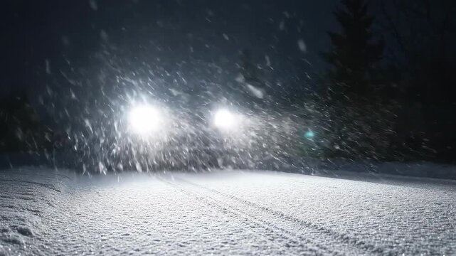A car drives on a rural road at night during a heavy snowstorm, its headlights illuminating the falling snow.