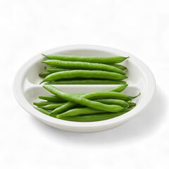 A white divided plate holding fresh green beans, isolated on transparent background