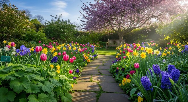 Spring Garden Path - A Colorful Display of Tulips and Blossoms.