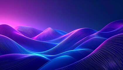 Abstract landscape of glowing, wavy lines in vibrant purple and blue